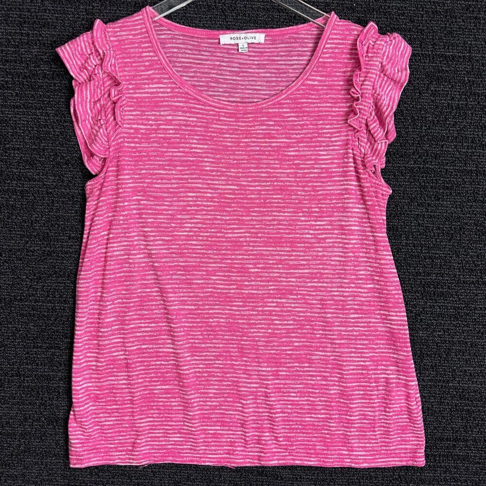 Rose + Olive Pink Stripe Tee Ruffle Short Sleeve Womens Size‎ Large L